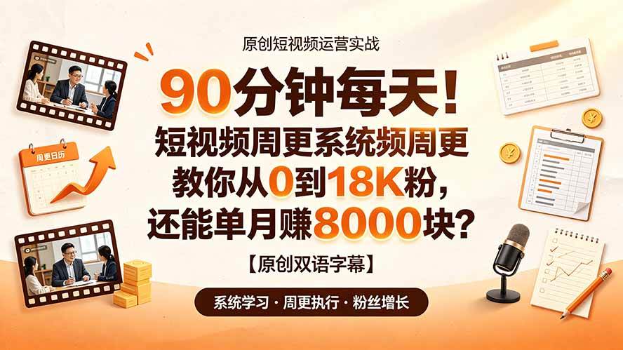 图片[1]-（19265期）90 分钟每天！短视频周更系统教你从 0 到 18K 粉，还能单月赚 8000 块？【原创双语字幕】