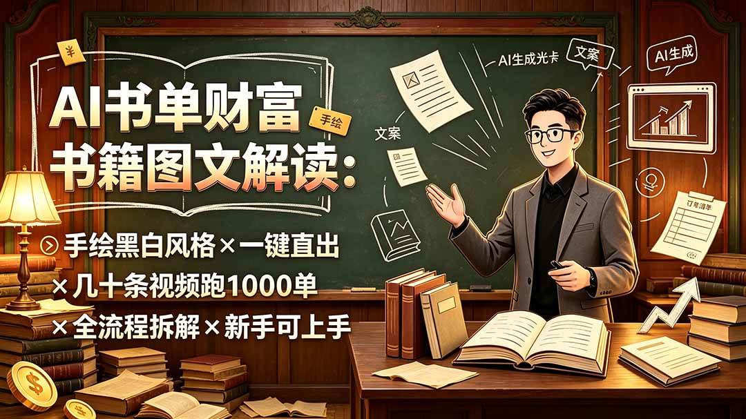 图片[1]-（19515期）AI书单财富书籍图文解读：手绘黑白风格×一键直出×几十条视频跑1000单×全流程拆解×新手可上手