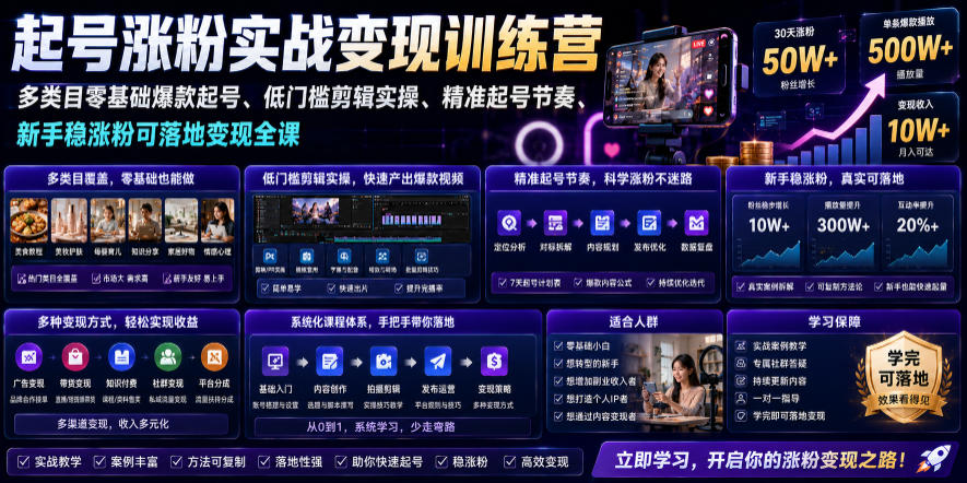 苗子起号涨粉实战变现训练营，多类目零基础*起号、*起号节奏、新手稳涨粉可落地变现全课