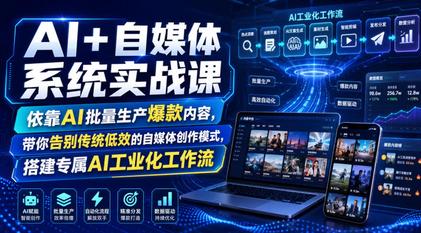 AI+自媒体系统实战课，依靠AI批量生产*内容，带你告别传统低效的自媒体创作模式，搭建专属AI工业化工作流