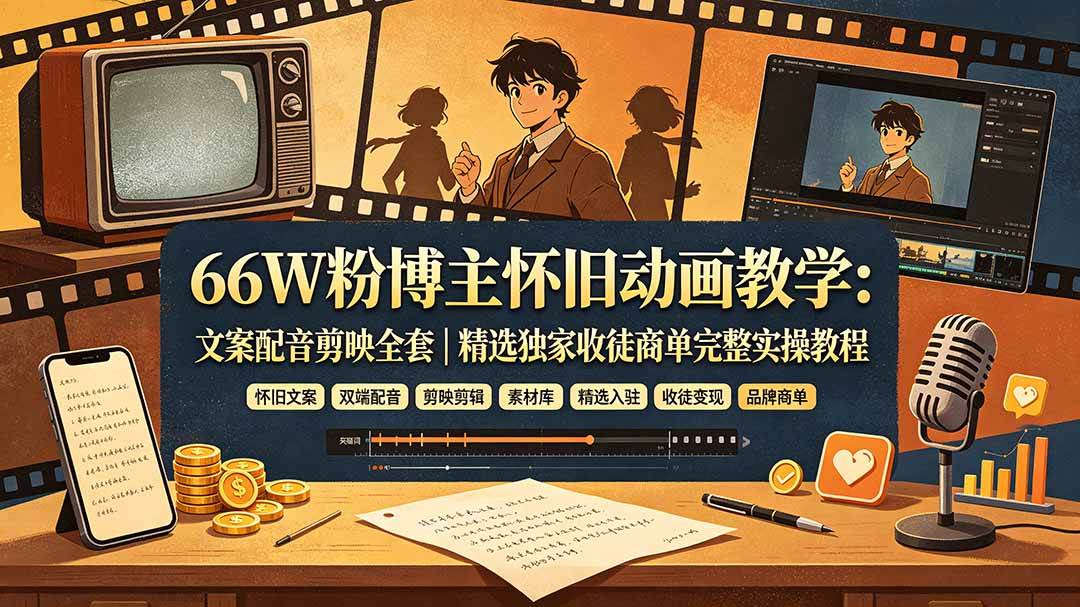 图片[1]-（19499期）66W粉博主怀旧动画教学：文案配音剪映全套｜精选独家收徒商单完整实操教程