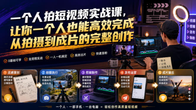 一个人拍短视频实战课，让你一个人也能*完成从拍摄到成片的完整创作