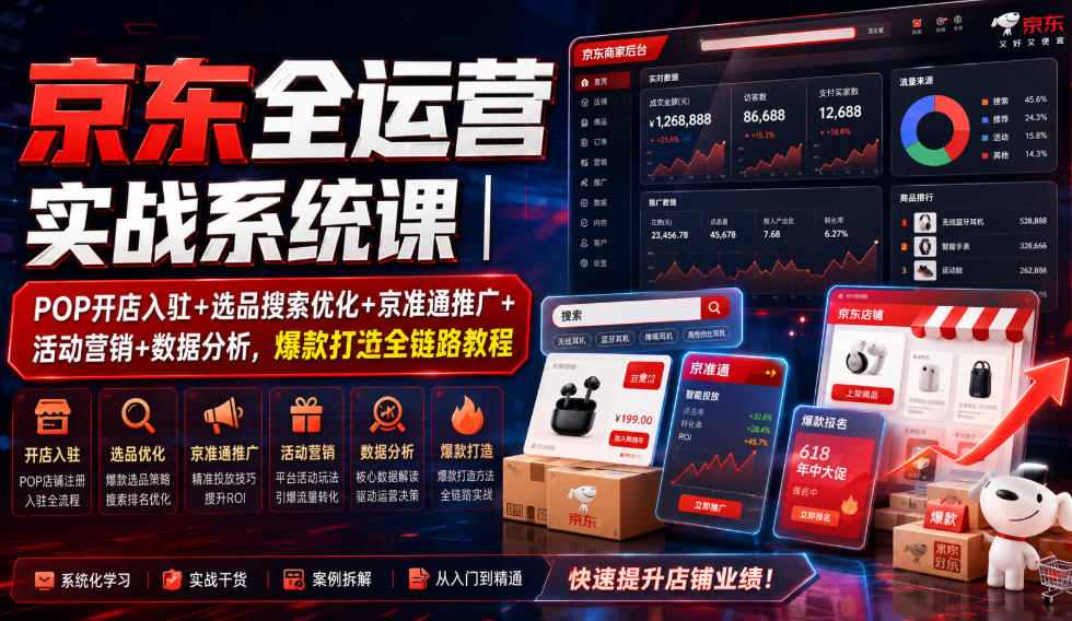京东全运营实战系统课｜POP开店入驻+选品搜索优化+京准通推广+活动营销+数据分析，*打造全链路教程