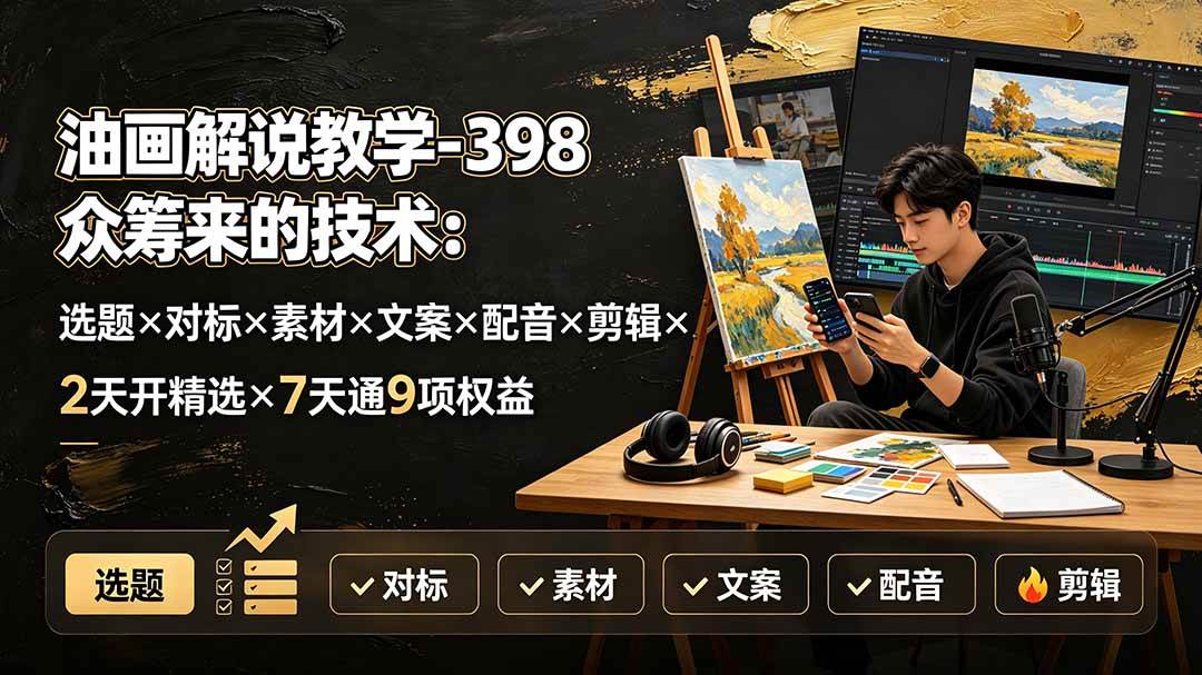 图片[1]-（19527期）油画解说教学-398众筹来的技术：选题×对标×素材×文案×配音×剪辑×2天开精选×7天通9项权益