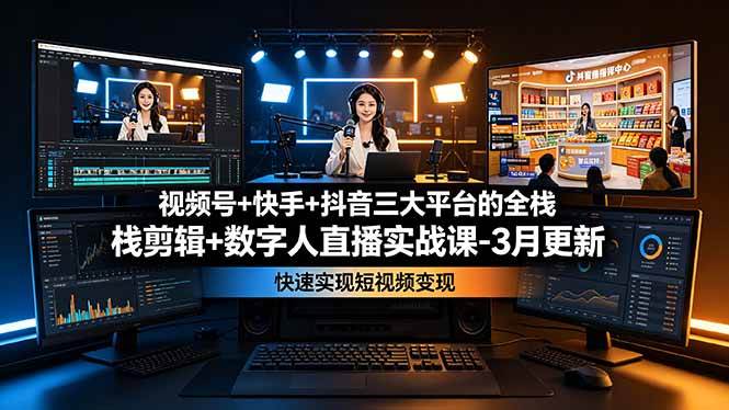 图片[1]-（19146期）视频号+快手+抖音三大平台的全栈剪辑+数字人直播实战课-3月更新：快速实现短视频变现