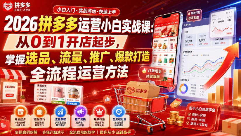2026拼多多运营小白实战课：从0到1开店起步，掌握选品、流量、推广、*打造全流程运营方法