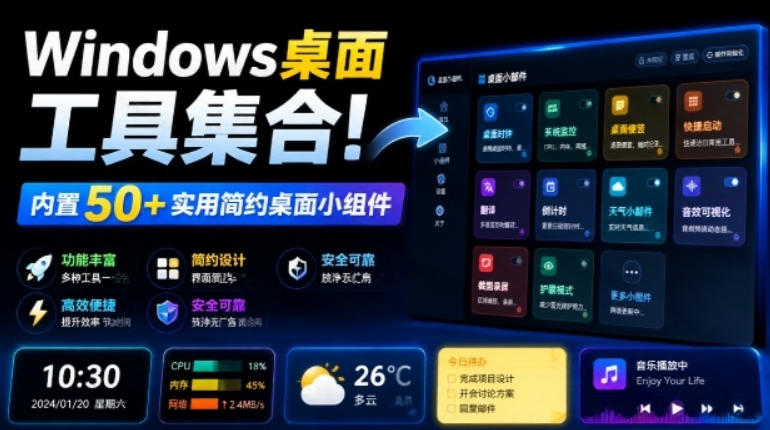 Windows桌面工具*！内置50+实用简约桌面小组件，含截图、录屏、翻译、天气等，多秘工具箱