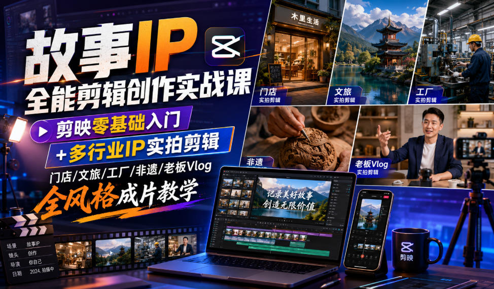 故事IP全能剪辑创作实战课｜剪映零基础入门+多行业IP实拍剪辑，门店/文旅/工厂/非遗/*Vlog全风格成片教学