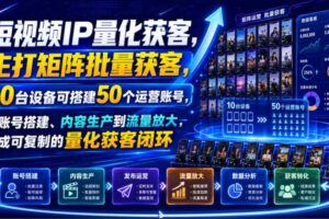 短视频IP量化获客，主打矩阵批量获客，10台设备可搭建50个运营账号，从账号搭建、内容生产到流量放大，形成可复制的量化获客闭环-麦资源网