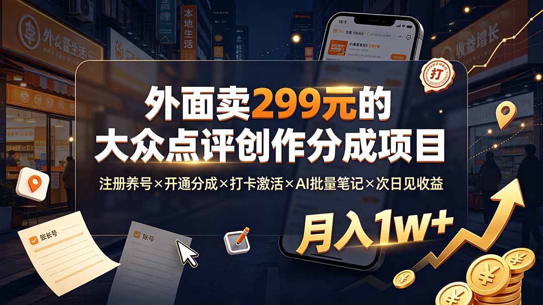 图片[1]-（19488期）外面卖299元的大众点评创作分成项目：注册养号×开通分成×打卡激活×AI批量笔记×次日见收益，月入1w+