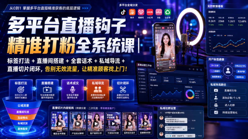 多平台直播钩子*打粉全系统课｜标签打法+直播间搭建+全套话术+私域导流+直播切片闭环，告别无效流量，让*顾客找上门！