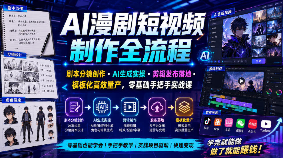 AI漫剧短视频制作全流程｜剧本分镜创作・AI生成实操・剪辑发布落地・模板化*量产，零基础手把手实战课