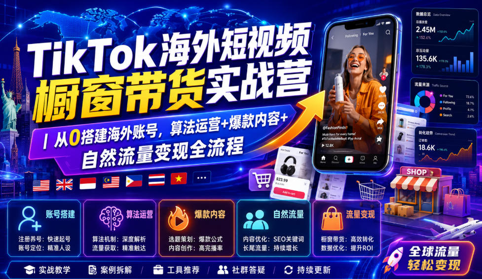 TikTok海外短视频橱窗带货实战营｜从0搭建海外账号，算法运营+*内容+自然流量变现全流程