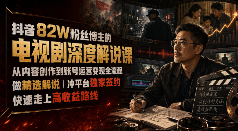 抖音82W粉丝博主的电视剧*解说课，从内容创作到账号运营变现全流程，做精选解说，冲平*家签约，快速走上高收益路线