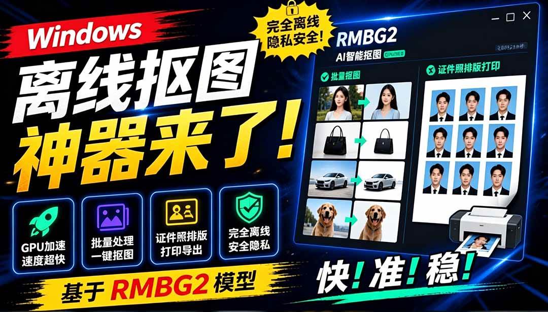 图片[1]-（19357期）Windows离线抠图神器来了！支持批量抠图 + 证件照排版打印，基于RMBG2模型，GPU加速 方块AI抠图