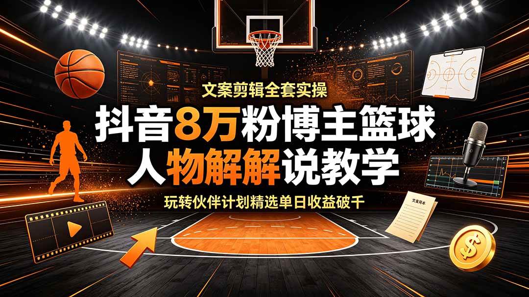 图片[1]-（19135期）抖音8万粉博主篮球人物解说教学，文案剪辑全套实操，玩转伙伴计划精选单日收益破千