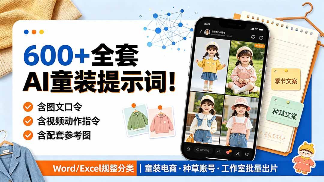图片[1]-（19302期）600+全套AI童装提示词！含图文口令+视频动作指令+配套参考图，Word/Excel规整分类，童装电商、种草无脑量产内容