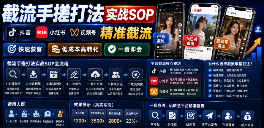 截流手搓打法实战SOP，抖音小红书视频号*截流，快速获客，低成本高转化，一看即会