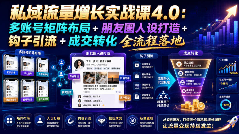 私域流量增长实战课4.0：多账号矩阵布局+朋友圈人设打造+钩子引流+*转化全流程落地