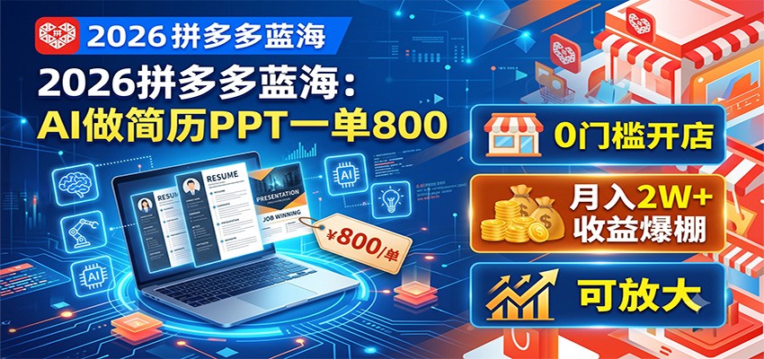 2026拼多多蓝海：AI做简历PPT一单800，0门槛开店，月入2W+，可放大-麦资源网
