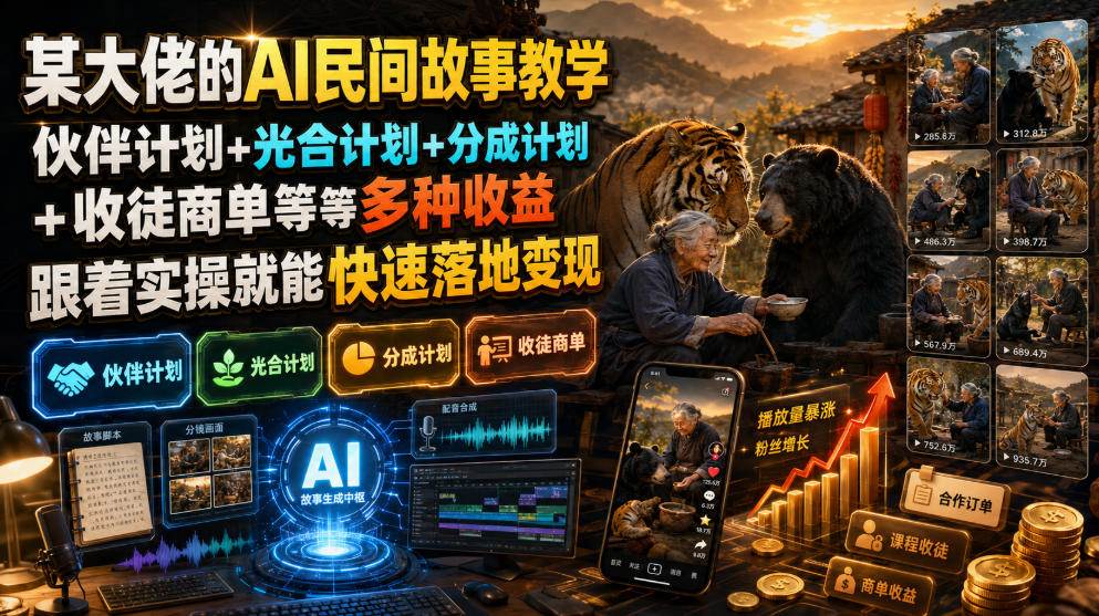 图片[1]-（19360期）某大佬的AI民间故事教学，伙伴计划+光合计划+分成计划+收徒商单等多种收益，跟着实操就能快速落地变现