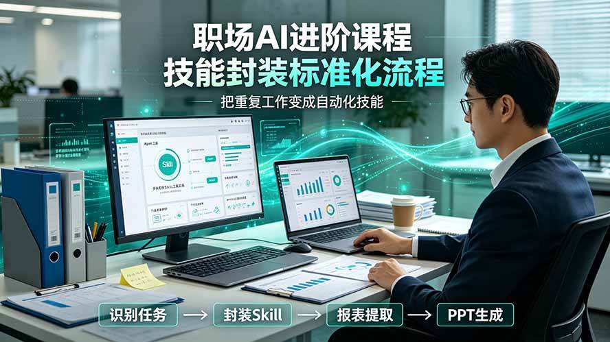 图片[1]-（19369期）职场AI进阶课程；多类实用Skill工具实操，专属技能封装标准化流程，报表行业报告一键提取核心内容