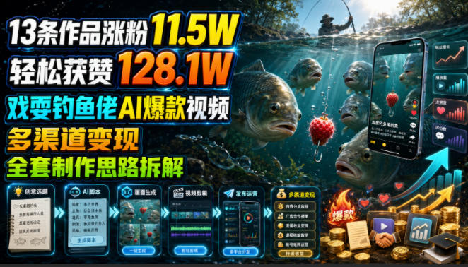 13条作品涨粉11.5W，轻松获赞128.1W，戏耍钓鱼佬AI*视频，多渠道变现，全套制作思路拆解