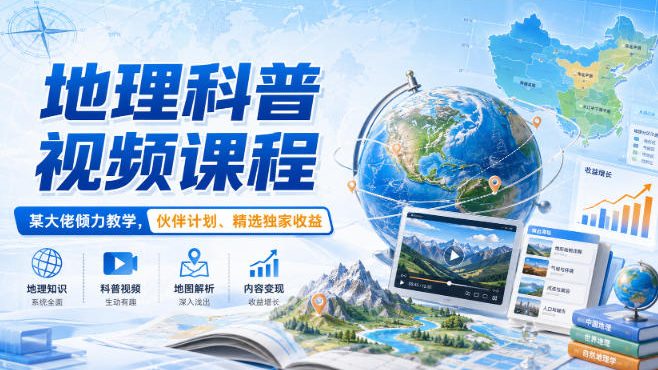 地理科普视频课程，某大佬倾力教学，伙伴计划、精选*收益