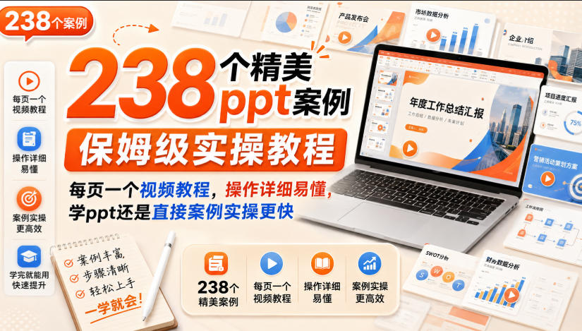 238个精美ppt案例保姆级实操教程，每页一个视频教程，操作详细易懂，学ppt还是直接案例实操更快