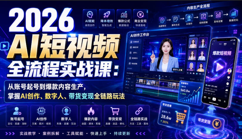 2026 AI短视频全流程实战课：从账号起号到*内容生产，掌握AI创作、数字人、带货变现全链路玩法