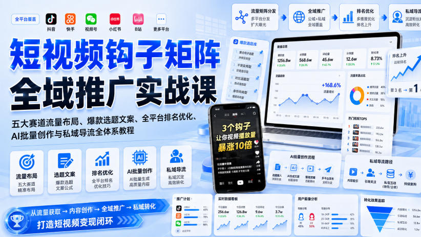 短视频钩子矩阵全域推广实战课｜五大赛道流量布局、*选题文案、全平台排名优化、AI批量创作与私域导流全体系教程