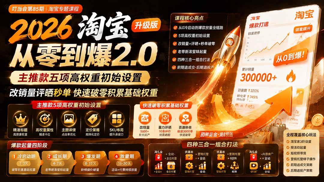 图片[1]-（19742期）2026淘宝从零到爆2.0第85期；主推款五项高权重初始设置，改销量评晒秒单快速破零积累基础权重