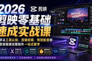 2026剪映零基础速成实战课｜新手从工具认知、剪辑剪辑、特效配音到爆款短视频完整制作一站式教学-麦资源网