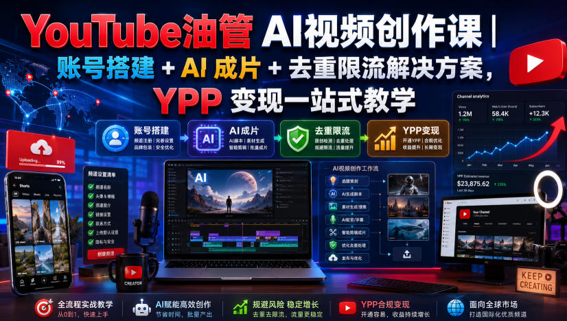 *油管AI视频创作课｜账号搭建+AI成片+去重限流解决方案，YPP变现一站式教学