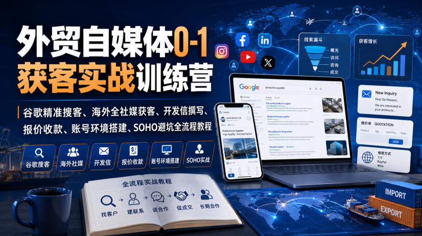 外贸自媒体0-1获客实战训练营｜谷歌*搜客、海外全社媒获客、开发信撰写、报价收款、账号环境搭建、SOHO避坑全流程教程