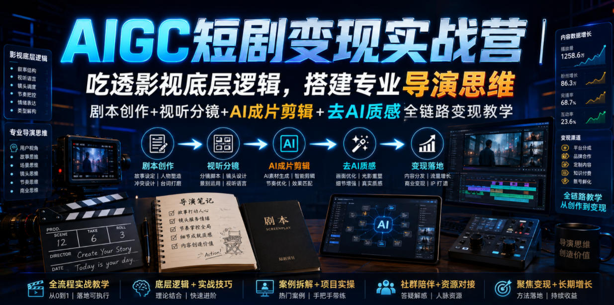 AIGC短剧变现实战营｜吃透影视底层逻辑，搭建*导演思维，剧本创作+视听分镜+AI成片剪辑+去AI质感全链路变现教学