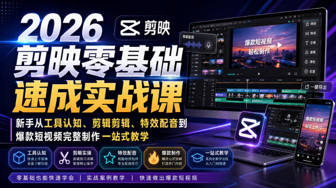 2026剪映零基础速成实战课｜新手从工具认知、剪辑剪辑、*配音到*短视频完整制作一站式教学