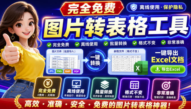 图片表格识别提取工具，支持一键从图片中智能提取表格并导出Excel文件，可离线免网运行，FastTableOCR