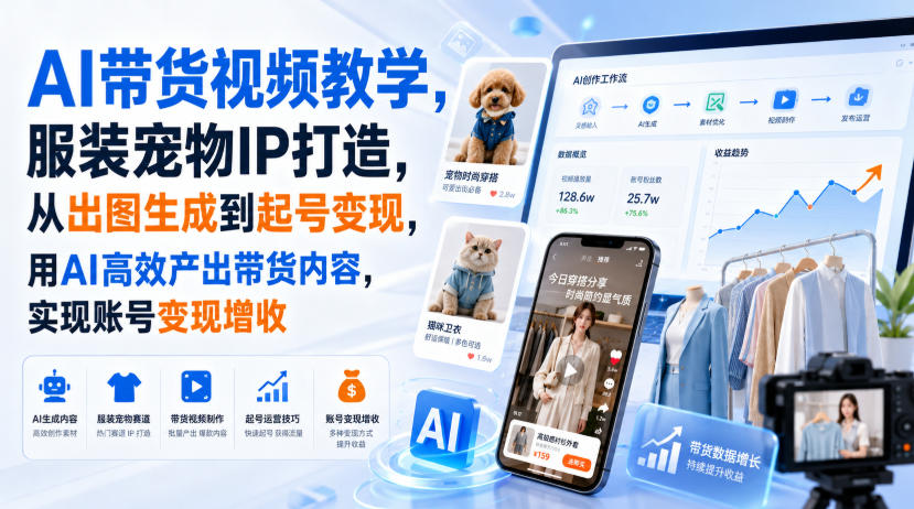 AI带货视频教学，服装宠物IP打造，从出图生成到起号变现，用AI*产出带货内容，实现账号变现增收