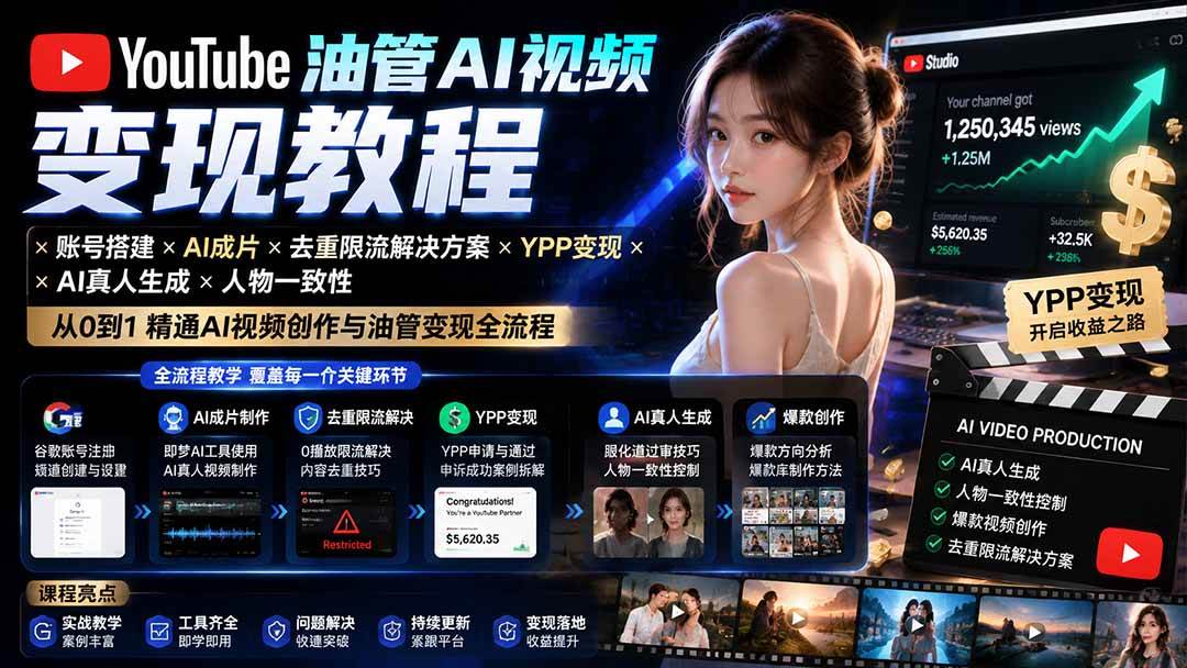 图片[1]-（19689期）YouTube油管AI视频变现教程：账号搭建×AI成片×去重限流解决方案×YPP变现×AI真人生成×人物一致性