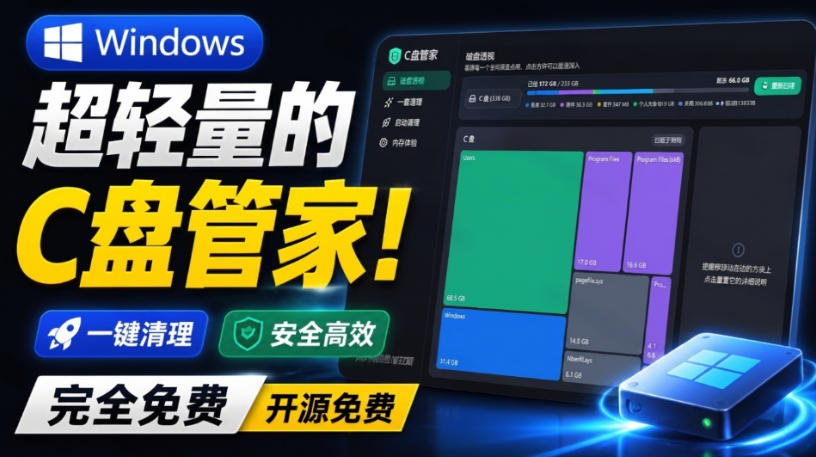 Windows超轻量的C盘管家！*有特点，支持磁盘分析及清理提醒，2M大小体积，完全免费C盘管家