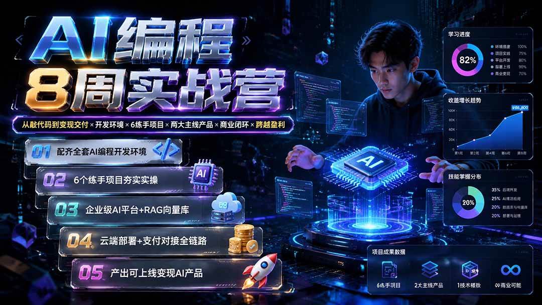 图片[1]-（19662期）AI编程8周实战营：从敲代码到变现交付×开发环境×6练手项目×两大主线产品×商业闭环×跨越盈利
