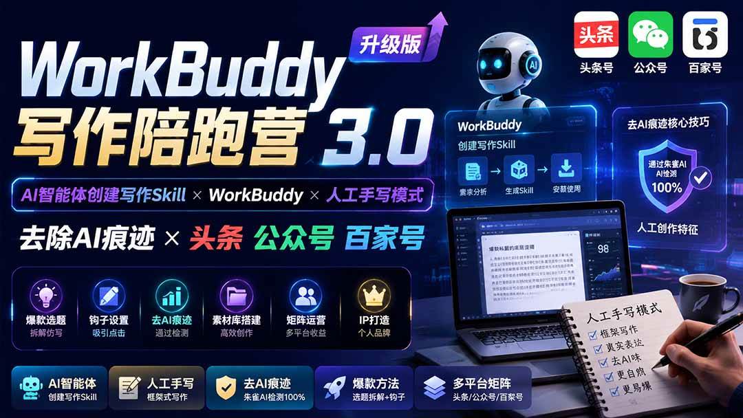 图片[1]-（19720期）WorkBuddy写作陪跑营3.0-更新：Ai智能体创建写作Skill×WorkBuddy×人工手写模式×去除AI痕迹×头条公众号百家号