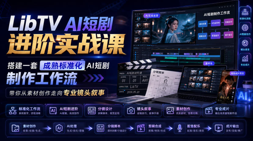 LibTV AI短剧进阶实战课，搭建一套成熟标准化AI短剧制作工作流，带你从素材创作走向*镜头叙事